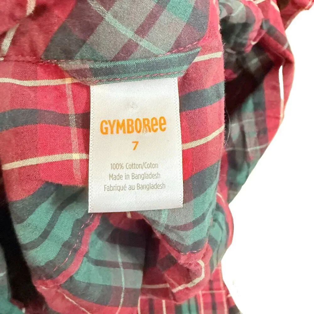 Gymboree Boys Size 7 Red Green Gray Plaid Cotton Long Sleeve Button-Up Shirt